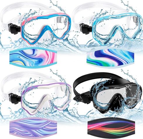Fabbay 4 Pairs Kids Goggles with Nose Cover for Age 6-14, Kids Goggles with Fabric Strap Snorkel Mask Tempered Glass Dive Mask Swimming Mask with Strap Cover, 4 Colors in Saudi Arabia