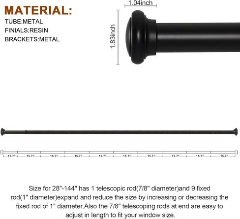 قضبان ستائر سوداء من Briofox - قضبان ستائر نافذة مقاس 1 بوصة للنوافذ من 72 إلى 144 بوصة، مجموعة قضبان ستارة نافذة واحدة متينة وحديثة قابلة للتعديل مع نهايات زخرفية in Kuwait