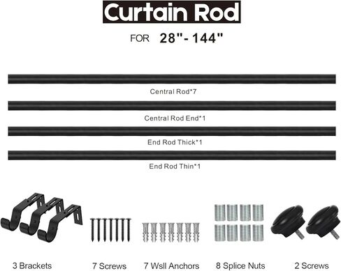 قضبان ستائر سوداء من Briofox - قضبان ستائر نافذة مقاس 1 بوصة للنوافذ من 72 إلى 144 بوصة، مجموعة قضبان ستارة نافذة واحدة متينة وحديثة قابلة للتعديل مع نهايات زخرفية in Kuwait