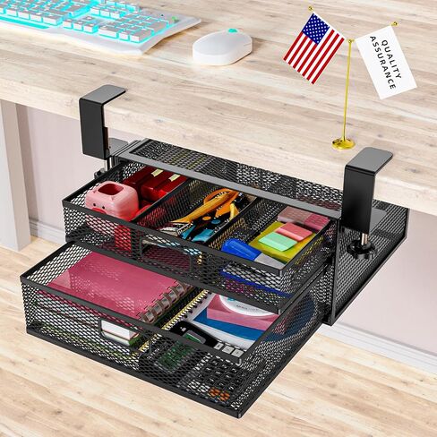 Under Desk Drawer Organizer No Drill Metal Under Desk Storage Drawer Container 2 Slide Out Cabinet Drawer Suitable for Home And Office (Medium) in Saudi Arabia