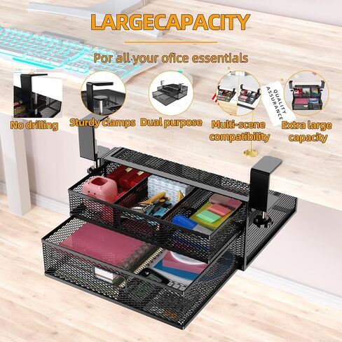 Under Desk Drawer Organizer No Drill Metal Under Desk Storage Drawer Container 2 Slide Out Cabinet Drawer Suitable for Home And Office (Medium) in Saudi Arabia