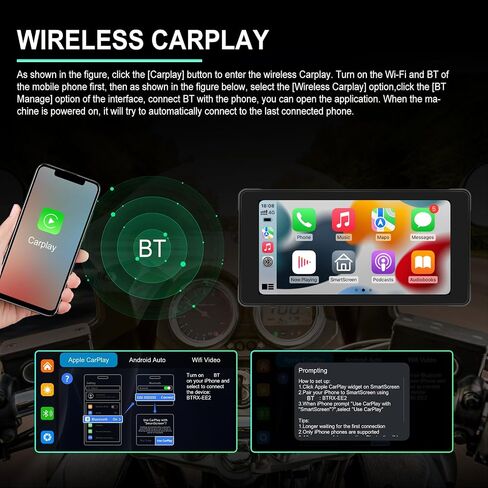 شاشة Carplay للدراجات النارية، Apple Car Play اللاسلكية ونظام تحديد المواقع العالمي (GPS) اللاسلكي لنظام Android للدراجات النارية، 5.5 بوصة مقاومة للماء محمولة Apple Carplay/Android Auto، تدعم Siri/Google Assistant in Saudi Arabia