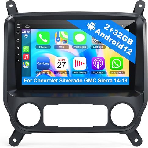 راديو ستيريو للسيارة لـ 2014-2018 شيفروليه سيلفرادو وجي إم سي سييرا، Android 12 2G + 32G Wireless CarPlay Android Auto Silverado Radio يدعم الكاميرا الاحتياطية/التحكم الصوتي/خريطة الملاحة/راديو FM/SWC in Saudi Arabia