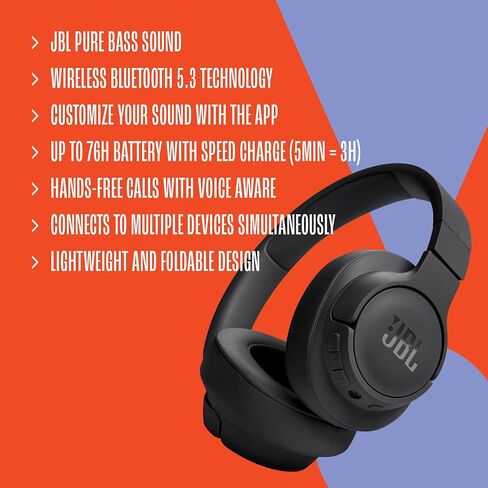 JBL Tune 720BT - Wireless Over-Ear Headphones Pure Bass Sound, Bluetooth 5.3, Up to 76H Battery Life and Speed Charge, Lightweight, Comfortable and Foldable Design (Black) in Kuwait