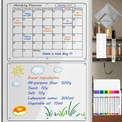 لوحة مغناطيسية شهرية وفارغة مقاس 16 بوصة × 12 بوصة للثلاجة، لوحات مسح جاف لتقويم الثلاجة المغناطيسية لمخطط الثلاجة القابل لإعادة الاستخدام مع تقويم شهري مغناطيسي ولوحة مذكرة مغناطيسية فارغة (أسود) in Kuwait