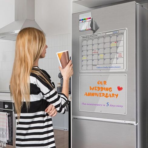 لوحة مغناطيسية شهرية وفارغة مقاس 16 بوصة × 12 بوصة للثلاجة، لوحات مسح جاف لتقويم الثلاجة المغناطيسية لمخطط الثلاجة القابل لإعادة الاستخدام مع تقويم شهري مغناطيسي ولوحة مذكرة مغناطيسية فارغة (أسود) in Kuwait