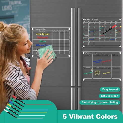 تقويم أكريليك للثلاجة، 3 عبوات من تقويم الثلاجة الشفاف، تقويم مسح جاف، لوحات تخطيط قابلة لإعادة الاستخدام، تقويم شهري وأسبوعي للثلاجة ومخطط مهام 16 بوصة × 12 بوصة، غير مغناطيسي in Kuwait