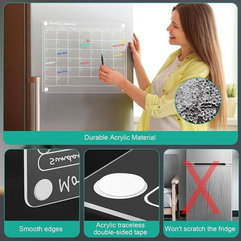 تقويم أكريليك للثلاجة، 3 عبوات من تقويم الثلاجة الشفاف، تقويم مسح جاف، لوحات تخطيط قابلة لإعادة الاستخدام، تقويم شهري وأسبوعي للثلاجة ومخطط مهام 16 بوصة × 12 بوصة، غير مغناطيسي in Kuwait