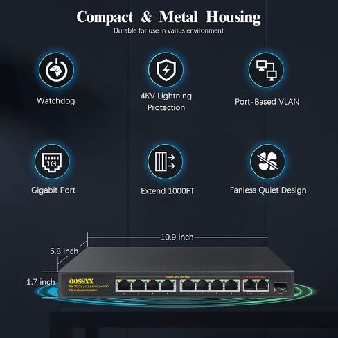{Gigabit كامل} محول OOSSXX 8 منافذ Gigabit PoE، مع 2 منفذ SFP، محولات شبكة POE غير مُدارة بقدرة 150 وات 1000 ميجا بت في الثانية، طاقة مدمجة، معدن قوي بدون مروحة، تحسين حركة المرور، التوصيل والتشغيل in Saudi Arabia