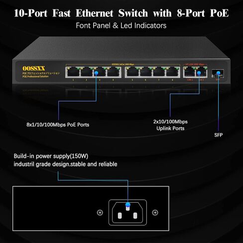 {Gigabit كامل} محول OOSSXX 8 منافذ Gigabit PoE، مع 2 منفذ SFP، محولات شبكة POE غير مُدارة بقدرة 150 وات 1000 ميجا بت في الثانية، طاقة مدمجة، معدن قوي بدون مروحة، تحسين حركة المرور، التوصيل والتشغيل in Saudi Arabia