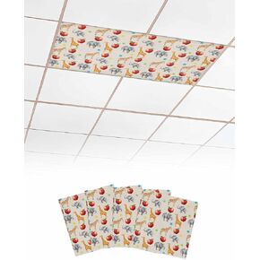 Animal 4 Pcs Fluorescent Light Covers, Giraffe Elephant Star Fruit Linen Texture Magnetic Light Filters Shade Panel for Ceiling Lights Classroom Office Home Ceiling Decoration, 4 x 2 Ft