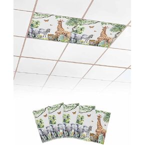 Plant 3 Pcs Fluorescent Light Covers, Animal Giraffe Zebra Elephant Butterfly Magnetic Light Filters Shade Panel for Ceiling Lights Classroom Office Home Ceiling Decoration, 4 x 2 Ft