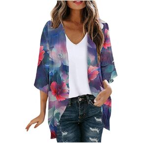 Womens Summer 3/4 Sleeve Chiffon Kimono Cardigan Work Swimsuit Open Cover Ups Front Flowy Loose Beach Coverups