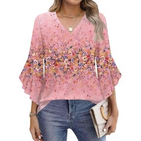 Women's 3/4 Sleeve Tops Dressy Ruffle V Neck Double Tiered Bell Sleeve Top Spring Summer Fashion Clothes Cute Tunic