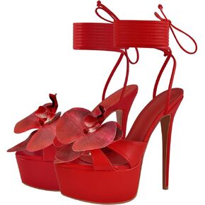 Women's Floral Round Toe Platform High Heels Lace Up Strappy Heeled Sandals
