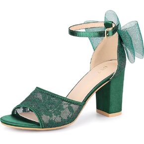 Perphy Lace Open Toe Bow Ankle Strap Block Heel Sandals for Women