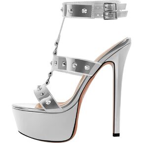 Open Toe Stiletto Heeled Platform Sandals for Women T-strappy Buckle up Rivet Studded Open-back Summer Sandals