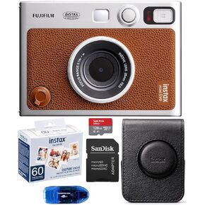 Fujifilm INSTAX Mini EVO Hybrid Instant Camera (Brown) Bundle, Includes: Fujifilm INSTAX Mini Film (60 Exposures), SanDisk 128GB MicroSDXC Memory Card and More (5 Items)