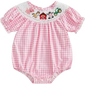 Newborn Baby Girl Summer Outfit Farm Animals Smocked Short Sleeve Romper Bubble Bodysuit Clothes