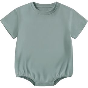 Baby Boy Girl Bubble Romper Short Sleeve Plain Bodysuit T-Shirt Oversize Tops Crewneck Outfit