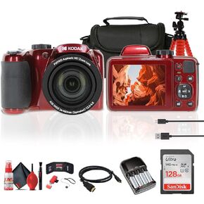 Kodak Pixpro AZ405 Digital Camera in Red (AZ405RD) Bundle Including: 128 GB Memory Card, Rechargeable Batteries, Case, Flexible Tripod, Neck Strap, Lens Caps, Full Cleaning Kit, More Accessories