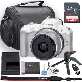 Canon EOS R50 Camera بدون مرآة (أبيض) W/Canon RF-S 18-45mm f/4.5-6.3 هي عدسة STM + علبة الكاميرا + 64 جيجابايت من الذاكرة + طقم بداية Deluxe + Hand Grip Staboz
