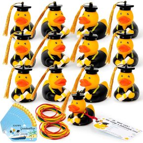 H1vojoxo Graduation Diploma Rubber Ducks - 36PCS Cruise Duck Tags Kits Includes 12 Grad Rubber Ducks with Graduation Cap Tassel Certificate 12 Cruise Cards 12 Bands for Graduation Party Pool Bath Toys