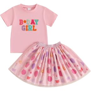 Hekkomird Toddler Girl Birthday Outfits Cute Letter Embroidery Short Sleeve T-Shirt Top Cake Balloon Print Party Tutu Skirt