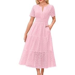 Eyelet Dresses for Women 2025 Summer A Line Long Maxi Dress Short Sleeve V Neck Hollow Out Beach Vacation Dresses