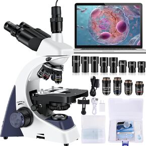 Compound Microscope Kit with WF10x and WF25x Eyepieces, Slides for Students, Home School Lab (High-end Trinocular Microscope)