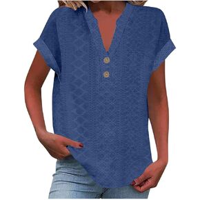 Beach Vacation Clothes for Women Summer Eyelet Embroidery Tops Dressy Casual Notch V Neck Roll Up Short Sleeve Shirts