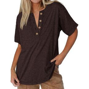 Womens Elbow Length Sleeve Summer Shirts Dressy Casual Crewneck Button Up Tops Ladies Half Sleeve Basic Tunic Blouses