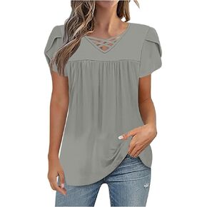 Womens Summer Tops Dressy Casual Petal Short Sleeve Criss Cross V Neck Pleated Hide Belly Tunic Ladies Shirts Blouses