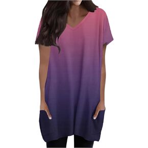 Long Tunic Tops for Women for Leggings Dressy Casual V Neck Short Sleeve Gradient Color Summer T Shirts with Pockets
