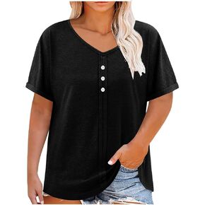 Oversized T Shirts for Women Button Front V Neck Roll Up Short Sleeve Tunic Blouses Ladies Summer Plus Size Tee Tops