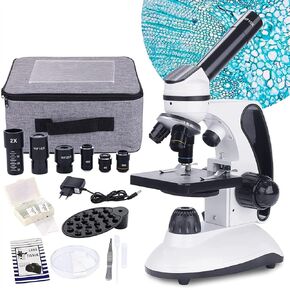 المجهر 40-2000X مركب مختبر رقمي LED للتعليم البيولوجي للطلاب؟ إضاءة مزدوجة LED مع مجموعة شرائح معدّة للمختبر المدرسي ،