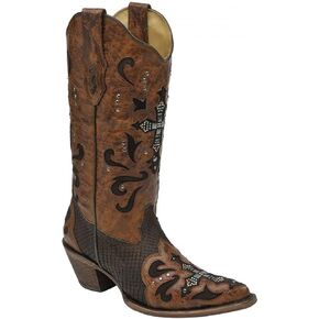 Corral Women's Python Crystal Cross Pointed Toe Cowgirl Boots C1104 (11 B(M) US) Brown