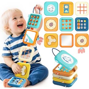 Busy Board for 1 Year Old, Travel Toys for Toddlers 1-3, 8 in 1 Montessori Activity Cube Toy for Babies in Airplane Car Stroller, Sensory Education Birthday Gifts for 1 2 Year Old Boy Girl Infant