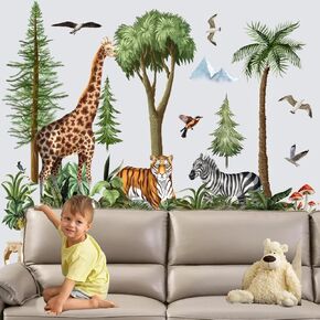 Large Watercolor Forest Tree Wall Decals Woodland Animals Giraffe Tiger Zebra Birds Wall Stickers Baby Nursery Kids Bedroom Living Room Decor DH4401