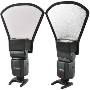 REFLEX CAMERA 2-in-1 Fan-Shaped Flash Diffuser Reflector Silver/White | Portable Lighting Modifier for DSLR Speedlites | Softens Harsh Flash | Studio & Outdoor Photography Tool
