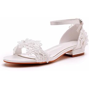 Women's Satin Flat Sandals, White Bridal Shoes Wedding Dress Lace Flower Shallow Mouth Open Toes Ankle Buckle Comfortable Casual Shoes, 37 EU,White