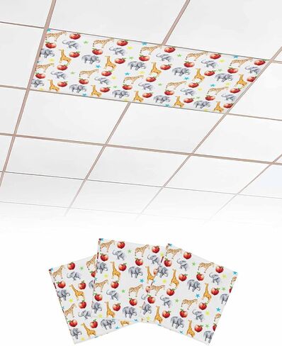 Animal 4 Pcs Fluorescent Light Covers, Giraffe Elephant Star Fruit Magnetic Light Filters Shade Panel for Ceiling Lights Classroom Office Home Ceiling Decoration, 4 x 2 Ft in Kuwait