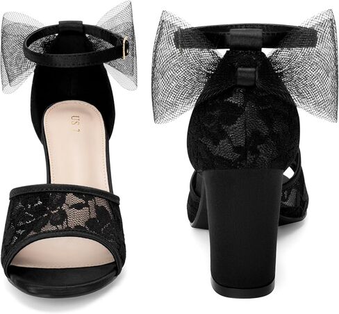 Perphy Lace Open Toe Bow Ankle Strap Block Heel Sandals for Women in Saudi Arabia