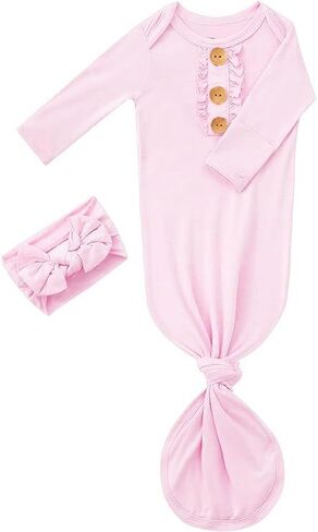 Bow Dream Newborn Baby Girls Knotted Gown Solid Color Jumpsuit with Matching Headband Bonnet Baby Boy Sleeper in Saudi Arabia