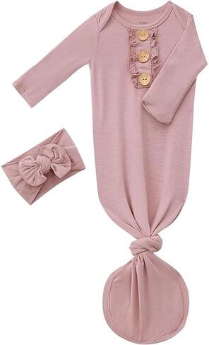Bow Dream Newborn Baby Girls Knotted Gown Solid Color Jumpsuit with Matching Headband Bonnet Baby Boy Sleeper in Saudi Arabia