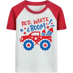 Boys 4th of July Shirt Dinosaur Monster Truck Excavator Tees Toddler American Flag Independence Patriotic Kids T-Shirt