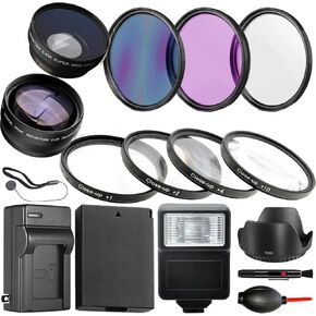 حزمة ملحقات 49 ملم لـ Canon EOS R100 و R50 و R10 و M5 و M6 Mark II و M6 + 49 مم وعدسة تليفوتوغرافية + بطارية + شاحن البطارية + مرشحات + عبيد فلاش + أكثر (حزمة 17pc)