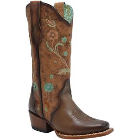 Joe Boots PAC01 Brown Woman Boots Square Toe with Turquoise Flowers