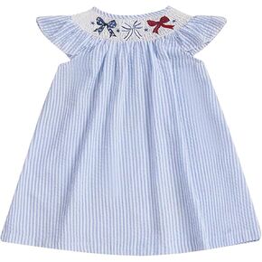 4th of July Baby Girl Outfits Toddler Independence Day Smocked Dress Puff Sleeve American Flag Embroidery Dresses
