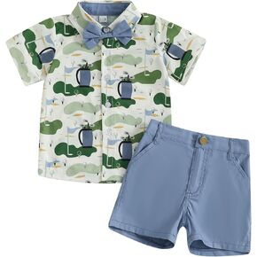 Toddler Baby Boy Golf Outfit Golf Court Print Button Down Short Sleeve Bowtie Shirt and Shorts Set Summer Clothes